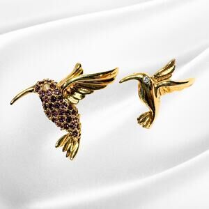 Lot of 2 Hummingbird Pins Brooch Smithsonian Institution Gold Tone Rhinestones